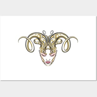 Girl with horns of a ram drawn in tattoo style Posters and Art